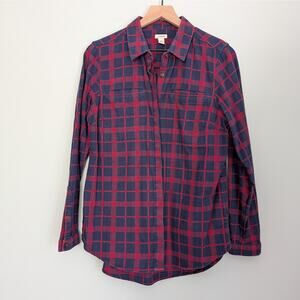 LL Bean Women's Navy Red Plaid Flannel Button-down Tunic Top, Medium